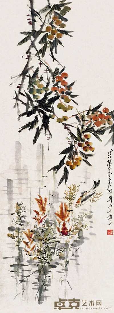 虚谷 枇杷金鱼 立轴 135×48cm